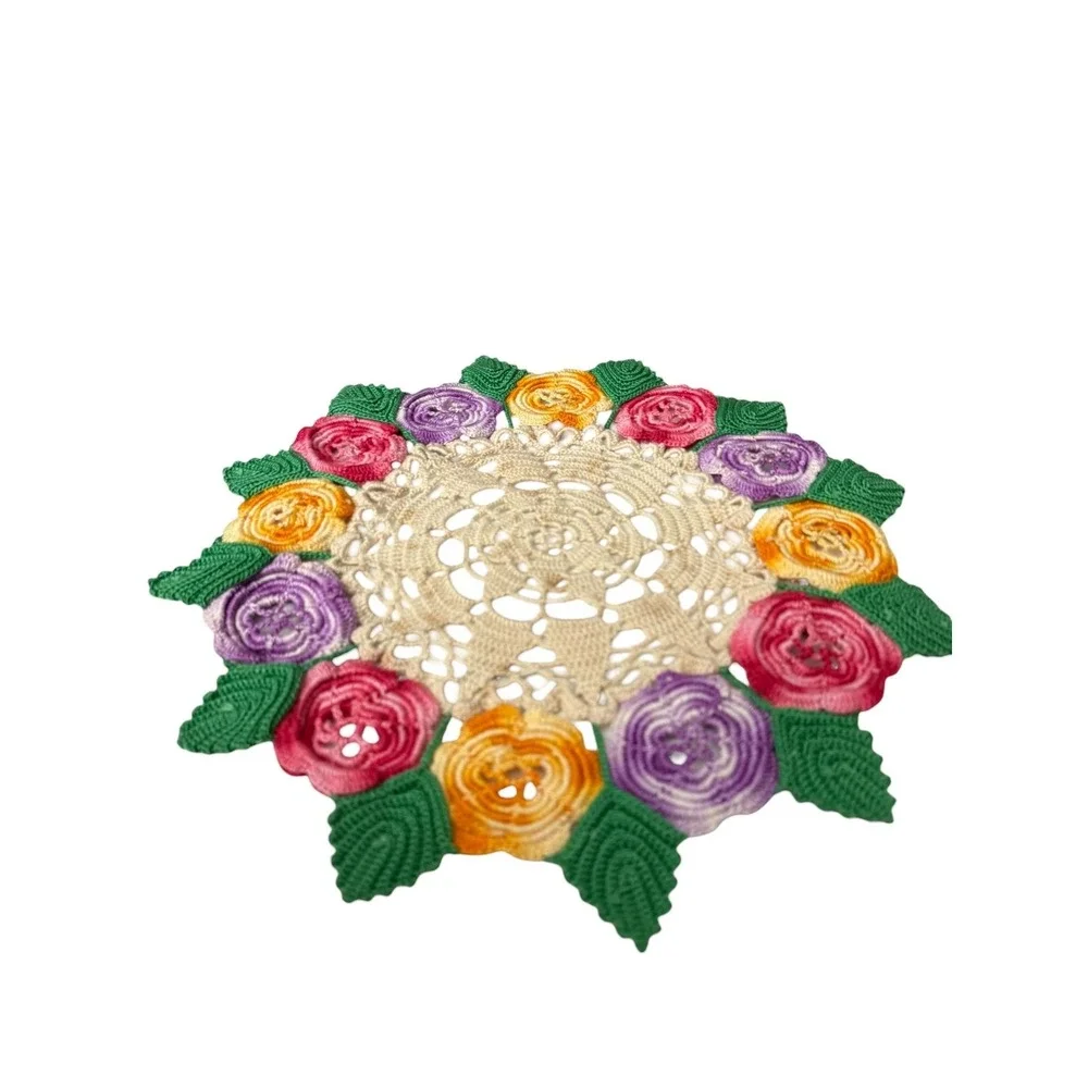 Handmade Crochet Rose‎ Posy Doily 12 Inch Floral Centerpiece Decor